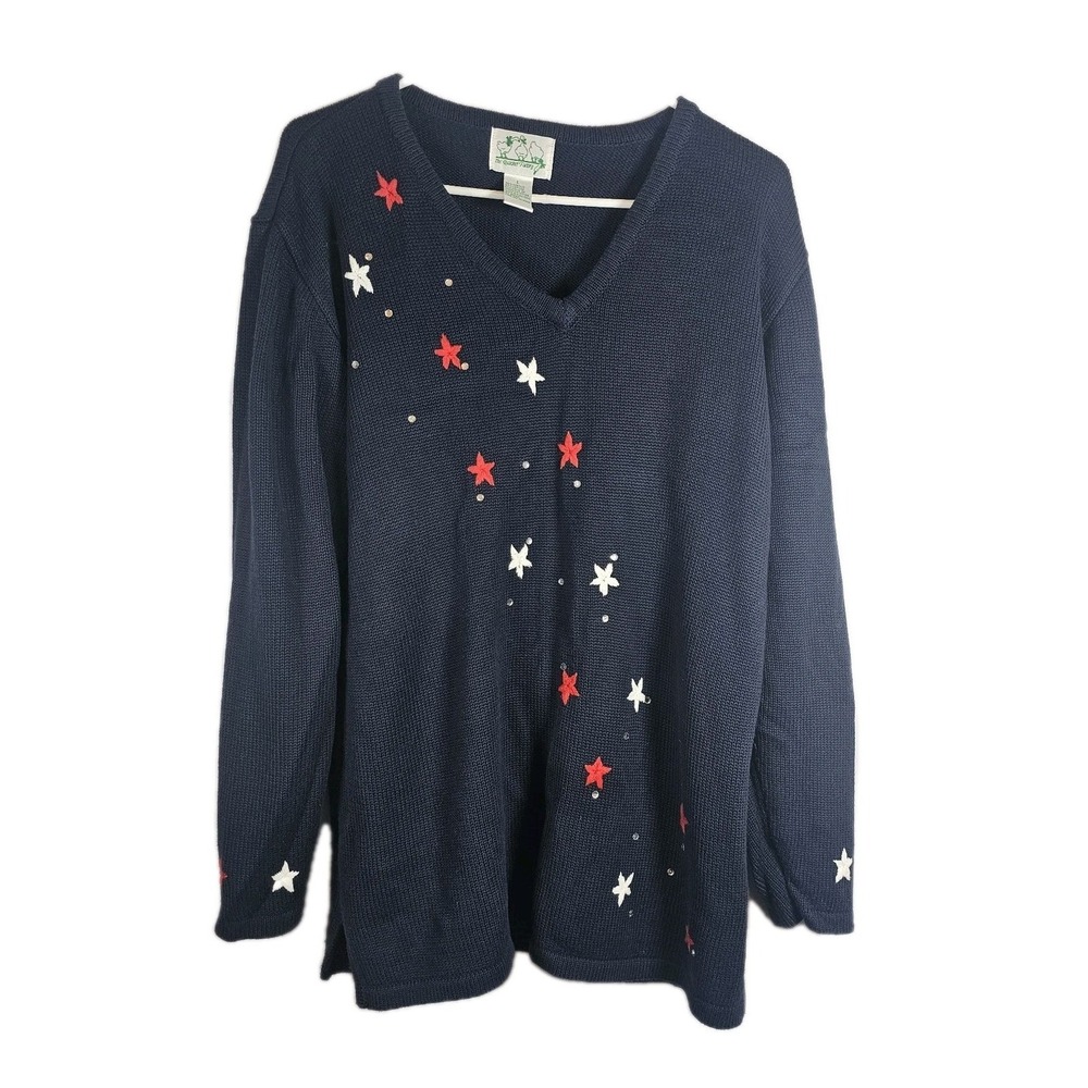 The Quacker Factory USA Sweater Stars Womens Size Large Navy Americana